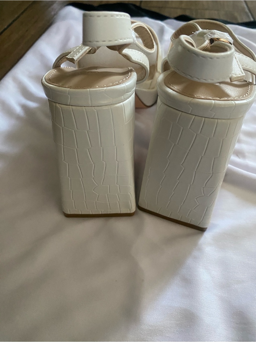 White Croc-Embossed Block Heel Sandals with Ankle Strap - Picture 3 of 4